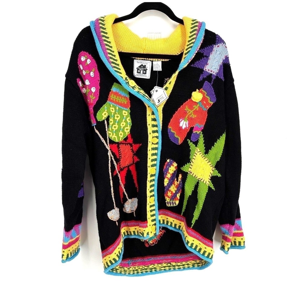 Storybook Knits Vintage Mitten Star Cardigan Sweater Black Multi  Large NWT